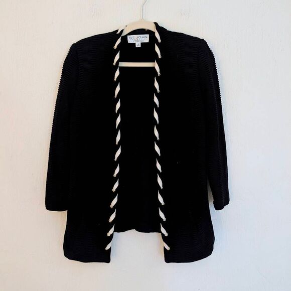 St. John Collection by Marie Gray Ribbed Knit Cardigan Open Front size 8 Black - Picture 1 of 5